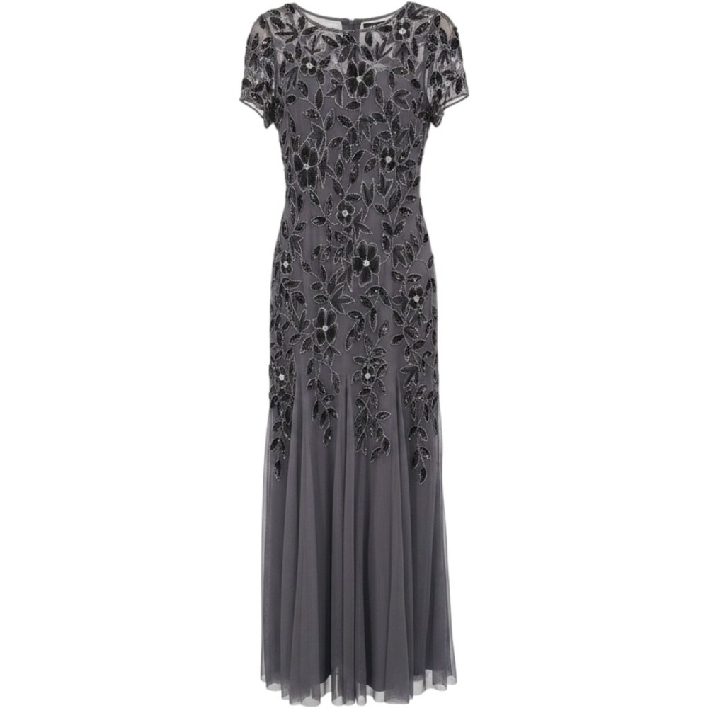 Adrianna Papell Moonscape Beaded Long Gown with Godets Grey Size 14 NWT